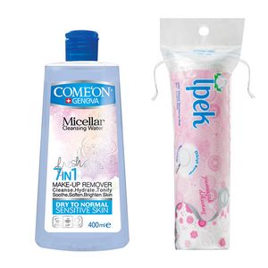 آب پاک کننده آرایش صورت کامان مدل dry skin حجم 400 میلی لیتر به همراه پد آرایش پاک کن ایپک مدل 01 بسته 70 عددی