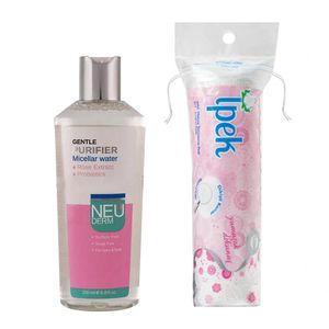 آب پاک کننده صورت نیودرم مدل gentle purifer حجم 200 میلی لیتر به همراه پد پاک کننده آرایش ایپک مدل 01 بسته 70 عددی