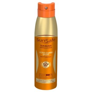 اسپری ضد آفتاب بی رنگ سان سیف +spf50 مدل ultra guard مناسب انواع پوست حجم 150 میلی لیتر