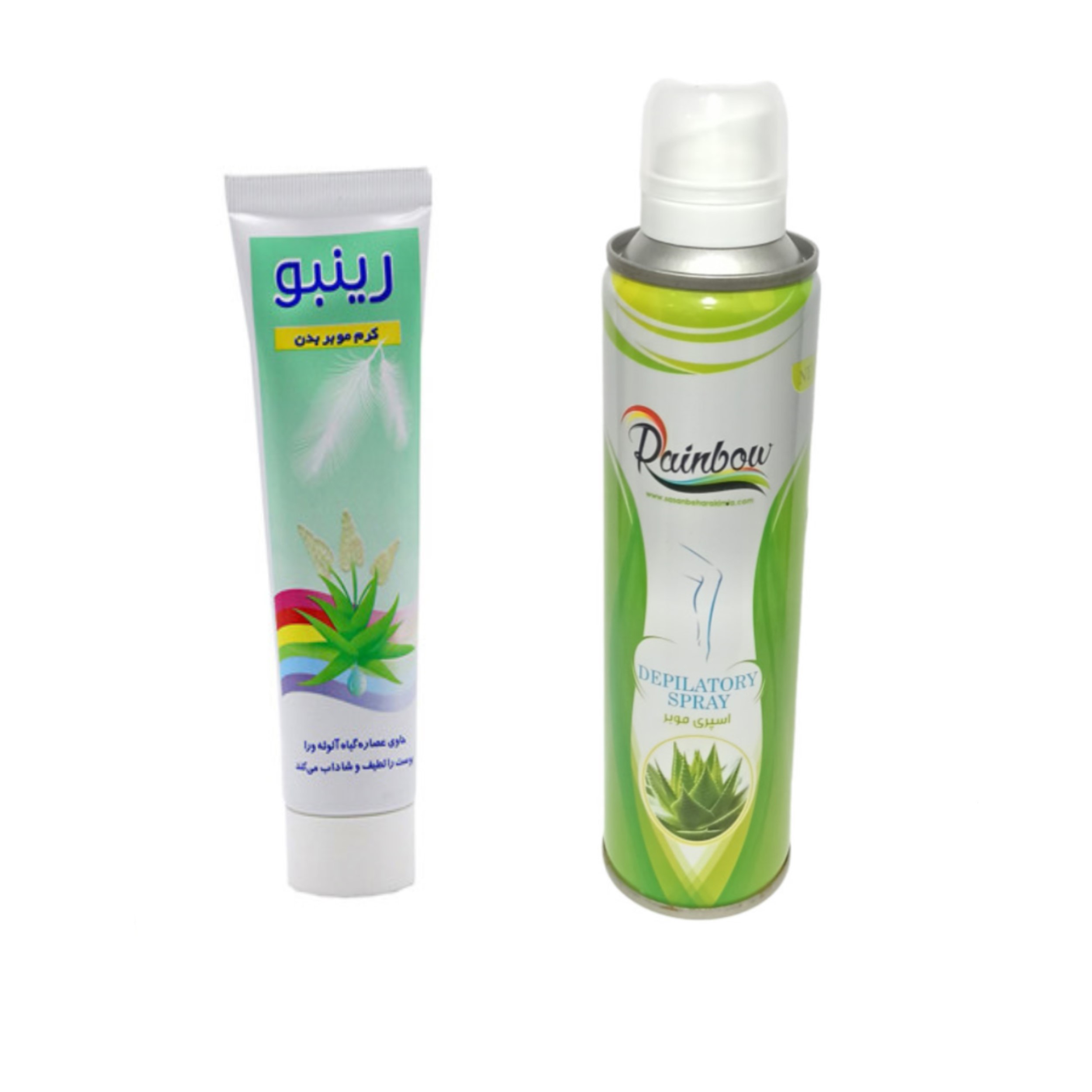 اسپری موبر رینبو مدل aloevera حجم 200 میلی لیتر به همراه کرم موبر بدن رینبو مدل 01 حجم 100 میلی لیتر