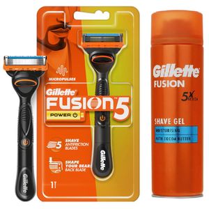 خود تراش ژیلت مدل fusion 5 power به همراه ژل اصلاح ژیلت مدل moisturising حجم 200 میلی لیتر