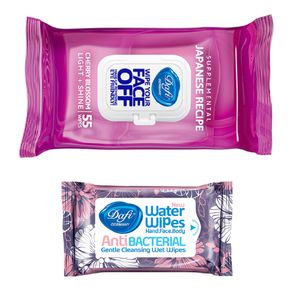 دستمال مرطوب دافی مدل گیلاس ژاپنی بسته 55 عددی به همراه دستمال مرطوب دافی مدل01 بسته 10 عددی
