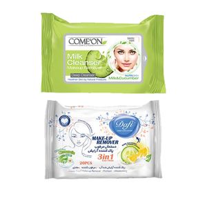 دستمال مرطوب کامان مدل milk بسته 20 عددی به همراه دستمال مرطوب دافی مدل cucumber & lemon بسته 20 عددی