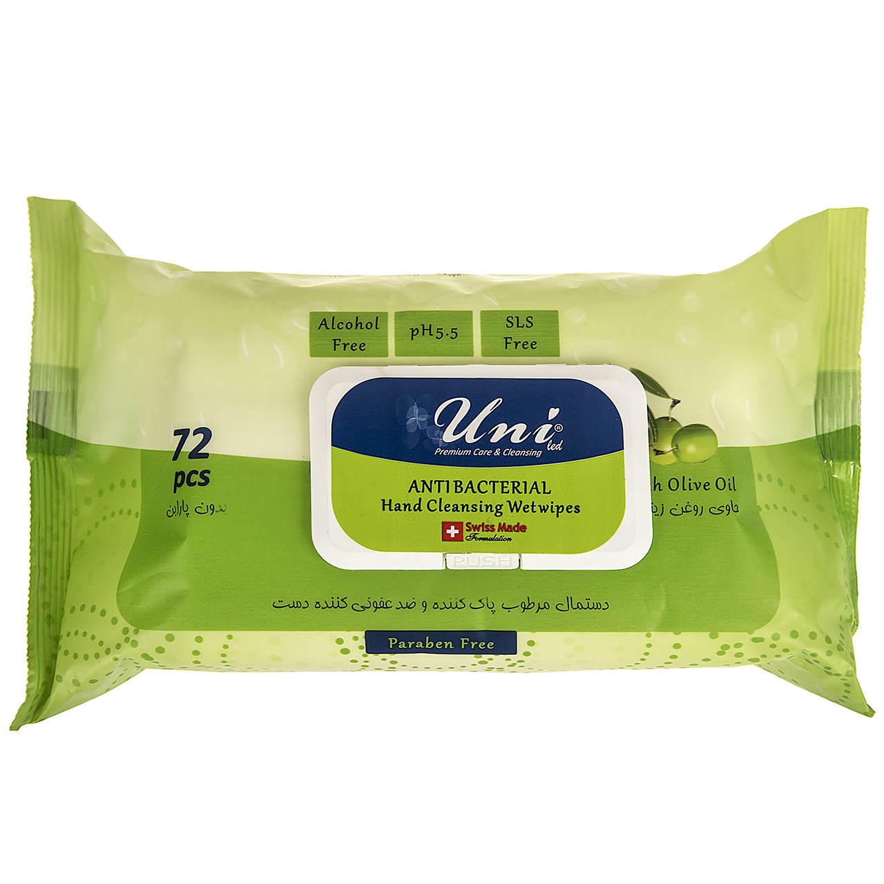 دستمال مرطوب یونی لد مدل antibacterial hand cleansing with olive oil بسته 72 عددی