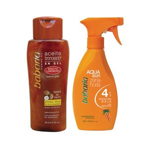 روغن برنز باباریا مدل coconut حجم ۲۰۰ میلی لیتر به همراه اسپری تثبیت کننده برنز مدل aqua حجم ۳۰۰ میلی لیتر