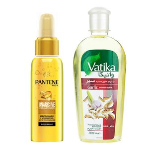 سرم مو پنتن مدل pro v حجم 100 میلی لیتر به همراه روغن نرم و درخشان کننده مو واتیکا مدل garlic حجم 200 میلی لیتر
