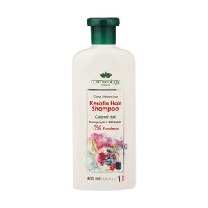 شامپو کراتینه موهای رنگ شده کاسمکولوژی مدل pomegranate حجم 400 میلی لیتر