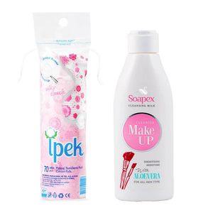 شیر پاک کن سوپکس مدل aloevera حجم 200 میلی لیتر به همراه پد پاک کننده آرایش صورت ایپک مدل silky touch بسته 70 عددی
