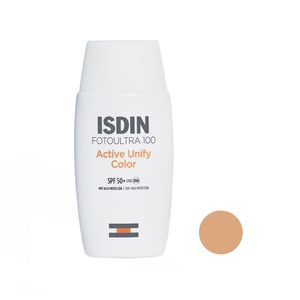 فلوئید ضد آفتاب رنگی ایزدین spf 50 مدل active unify ‌مناسب انواع پوست حجم 50 میلی‌لیتر