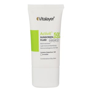 فلوئید ضدآفتاب بی رنگ ویتالیر spf 50 مدل activit مناسب پوست های مختلط و چرب حجم 50 میلی لیتر