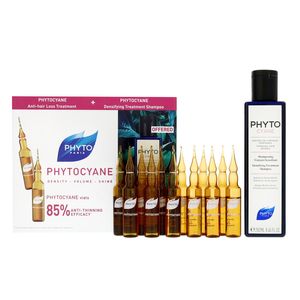 محلول ضدریزش فیتو مدل phytocyane حجم 7.5 میلی لیتر بسته 12 عددی به همراه شامپو مو فیتو مدل cyane حجم 200 میلی لیتر