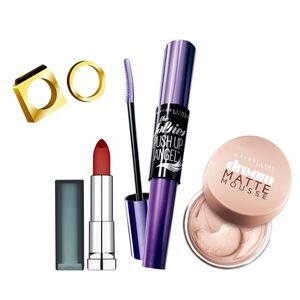 موس میبلین مدل dream matte 21 به همراه ریمل مدل push up angel و رژ لب مدل sensational matte 975