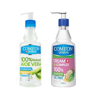 ژل آبرسان کامان مدل آلوئه ورا حجم 400 میلی لیتر به همراه کرم مرطوب کننده کامان مدل oil free حجم 400 میلی لیتر