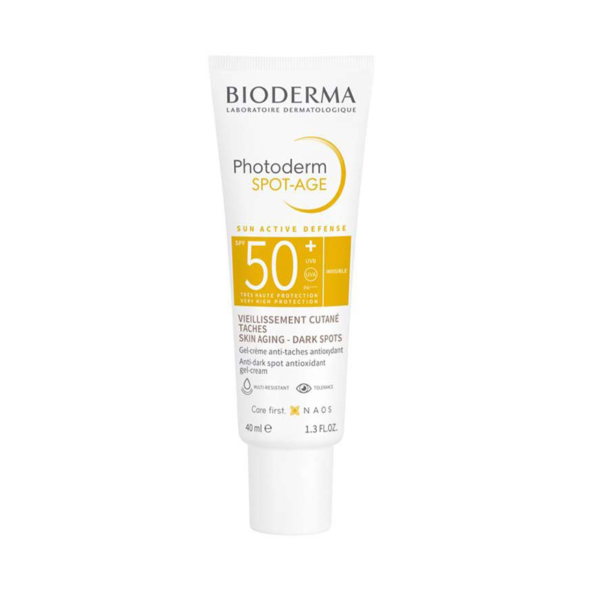ژل کرم ضد آفتاب بی رنگ بایودرما +spf50 مدل photoderm spot age مناسب انواع پوست حجم 40 میلی لیتر