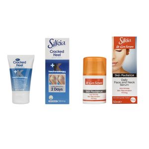 کرم ترمیم کننده ترک پا سیلکیا مدل k+ حجم 35 میلی لیتر به همراه سرم ترمیم کننده پوست مدل pcl حجم 50 میلی لیتر