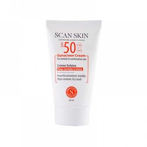 کرم ضد آفتاب بی رنگ اسکن اسکین مدل spf50 مناسب پوست های معمولی و مختلط حجم 40 میلی لیتر