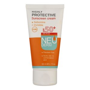 کرم ضد آفتاب بی رنگ نئودرم مدل highly protective spf50 مناسب پوست های چرب تا مختلط حجم 50 میلی لیتر