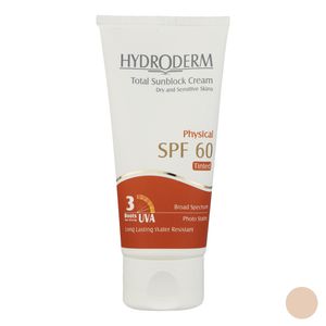 کرم ضد آفتاب رنگی هیدرودرم spf60 مدل phisical tinted ‌مناسب پوست‌های حساس حجم 50 میلی‌لیتر