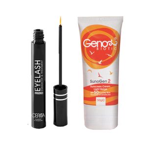 کرم ضد آفتاب رنگی ژنوبایوتیک spf50 به همراه محلول تقویت مژه سریتا مدل sun2