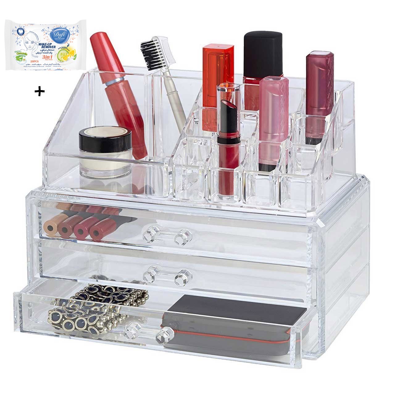 استند لوازم آرایش مدل cosmetic همراه با 20 عدد دستمال مرطوب پاک کننده آرایش