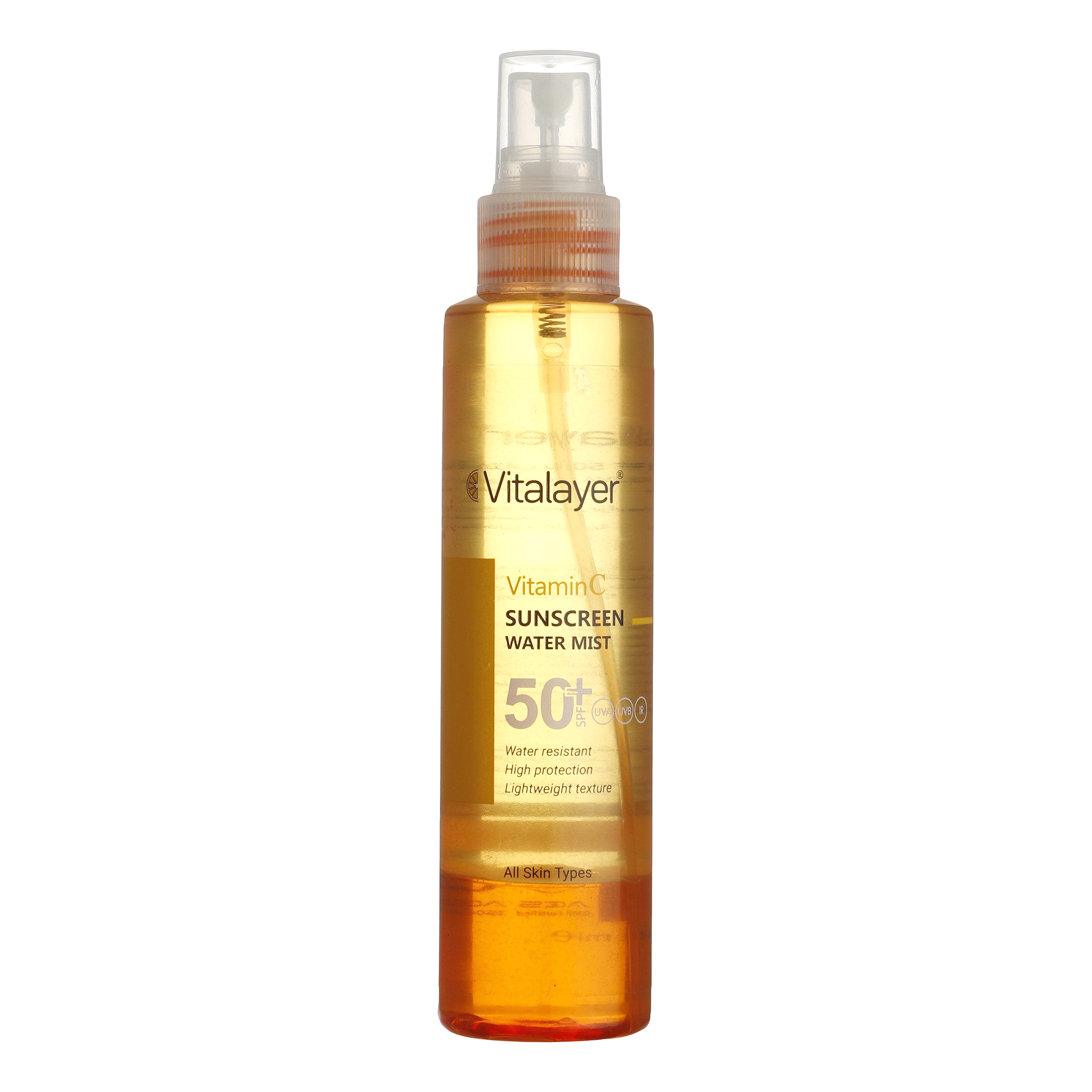 اسپری ضد آفتاب بدون رنگ ویتالیر spf50 مدل vitamine c ‌مناسب برای انواع پوست حجم 150 میلی‌لیتر