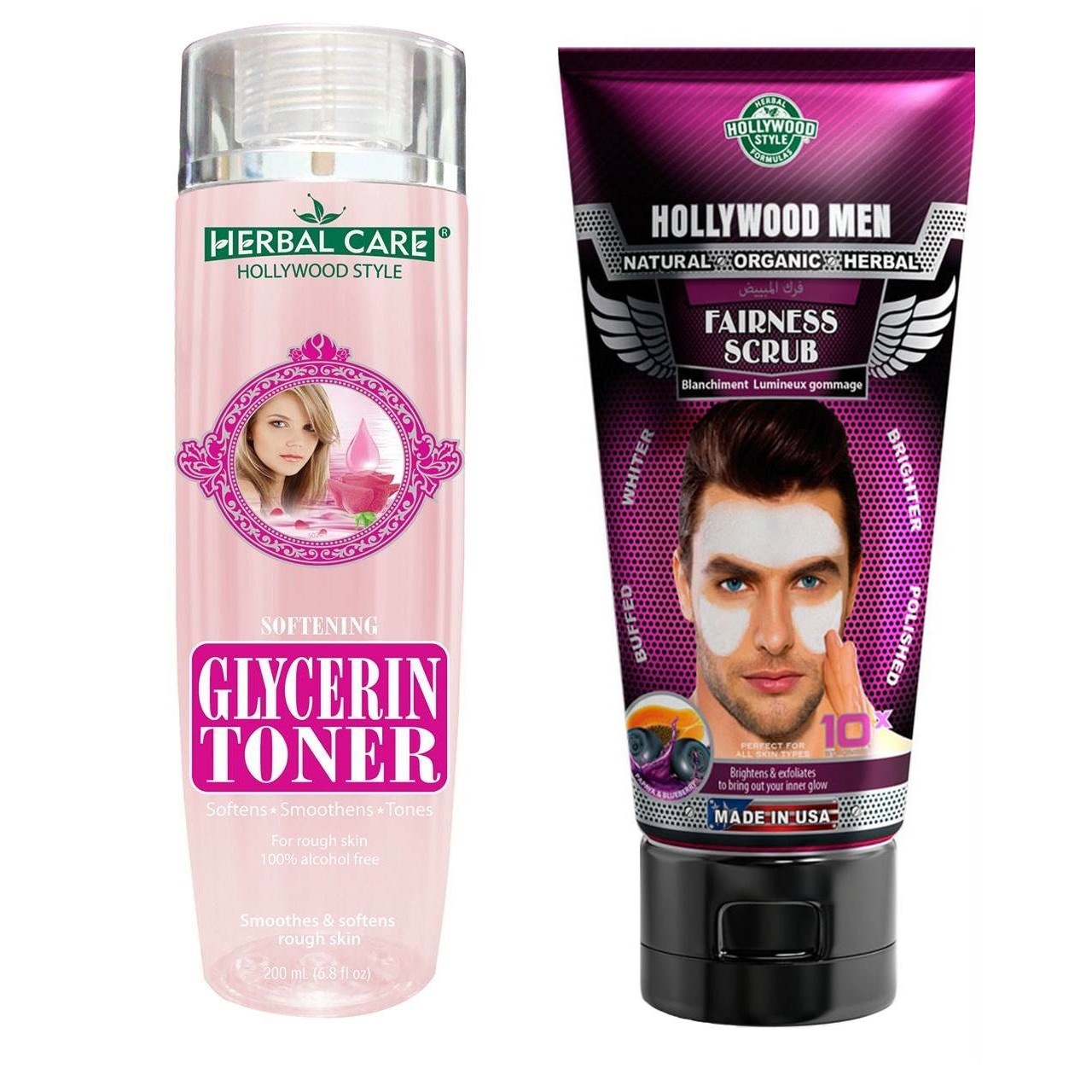 تونر نرم کننده هالیوود استایل مدل glycerin حجم 200 میلی لیتر و اسکراب ضدچروک هالیوود استایل مدل fairness حجم 150میلی لیتر