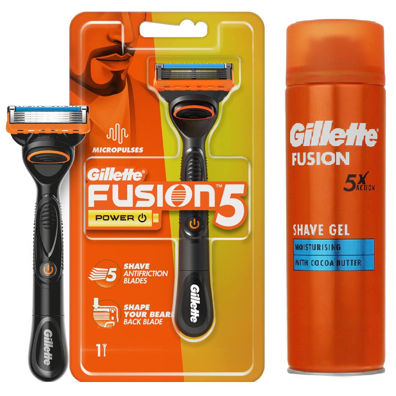 خود تراش ژیلت مدل fusion 5 power به همراه ژل اصلاح ژیلت مدل moisturising حجم 200 میلی لیتر