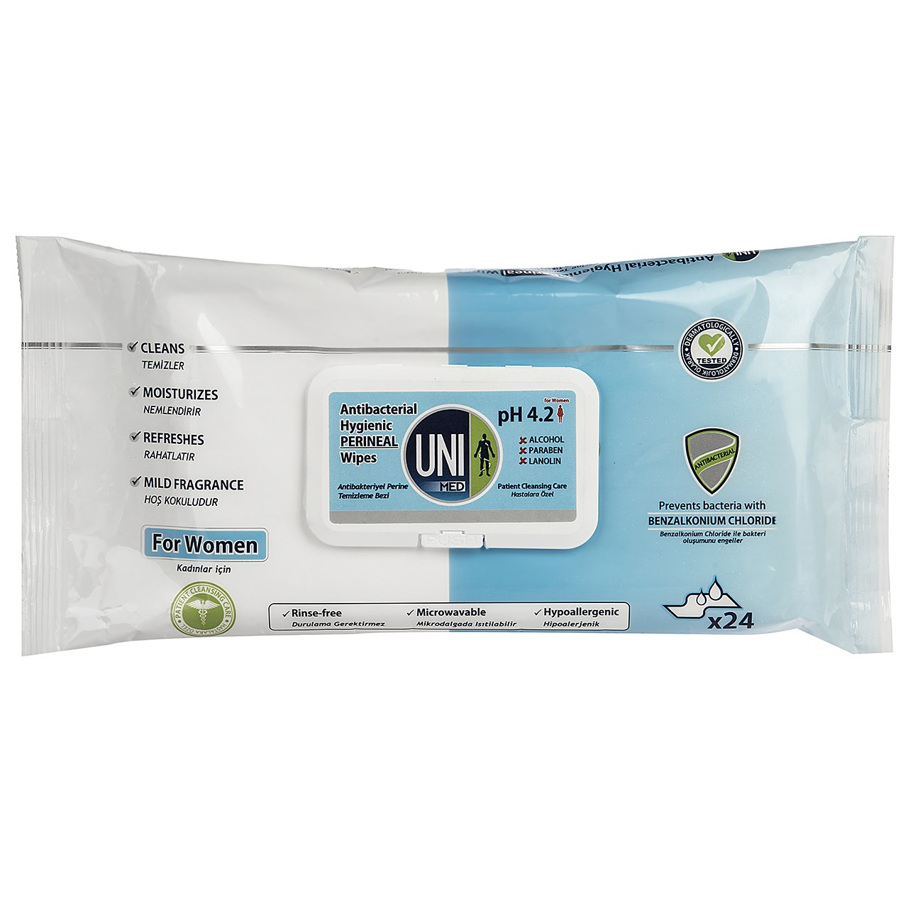 دستمال مرطوب بانوان یونی مد مدل antibacterial hygienic perineal بسته 24 عددی