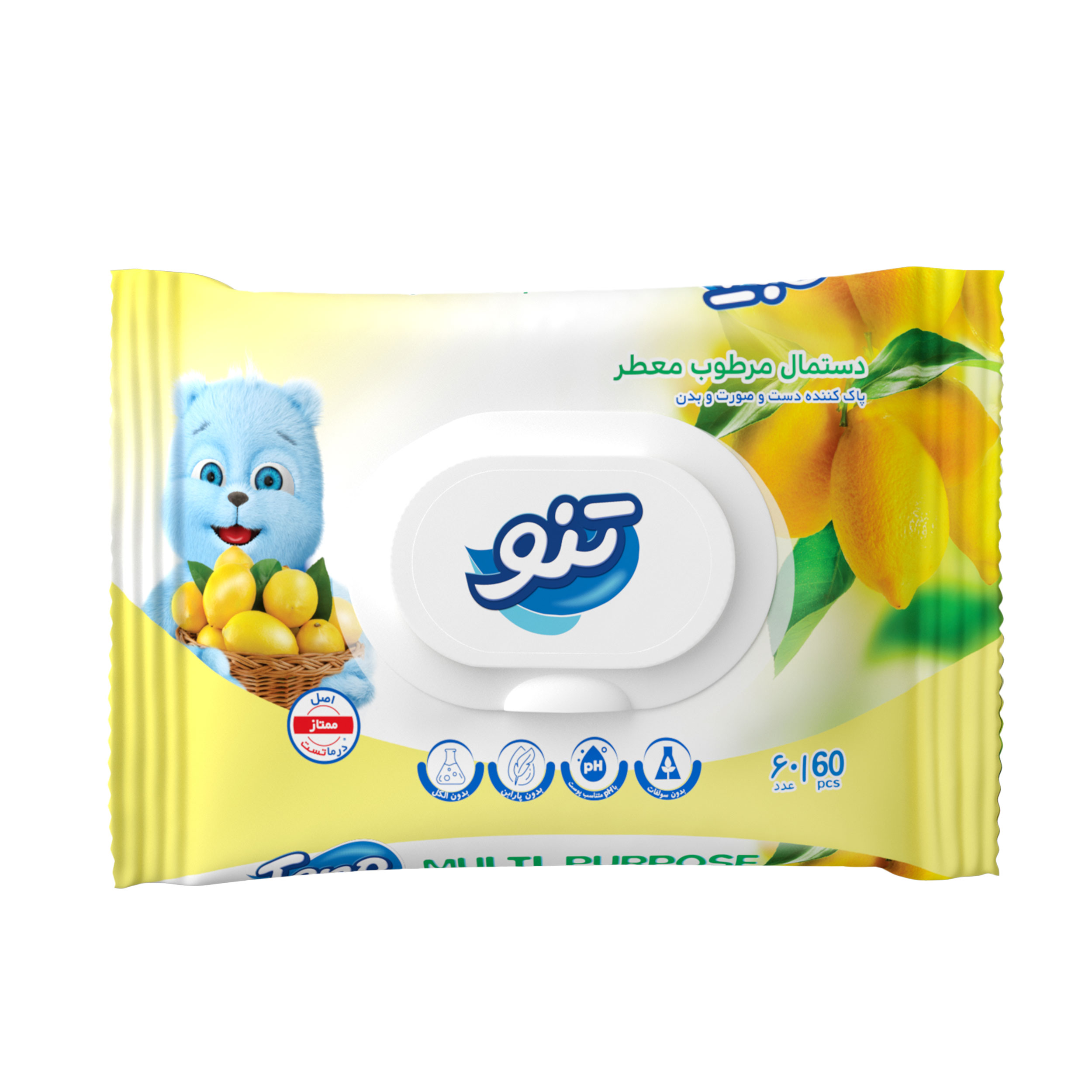 دستمال مرطوب تنو مدل lemon بسته 60 عددی
