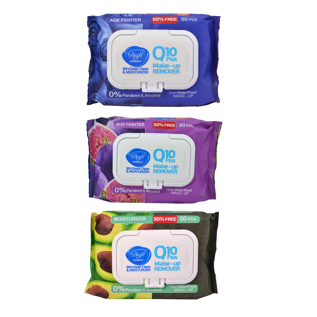 دستمال مرطوب پاک کننده آرایش دافی مدل q10 fruit بسته 50 عددی مجموعه 3 عددی