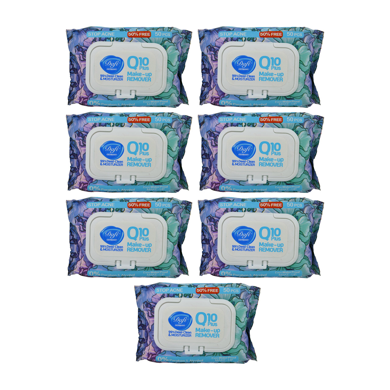 دستمال مرطوب پاک کننده آرایش دافی مدل q10 stop acne بسته 50 عددی مجموعه 7 عددی
