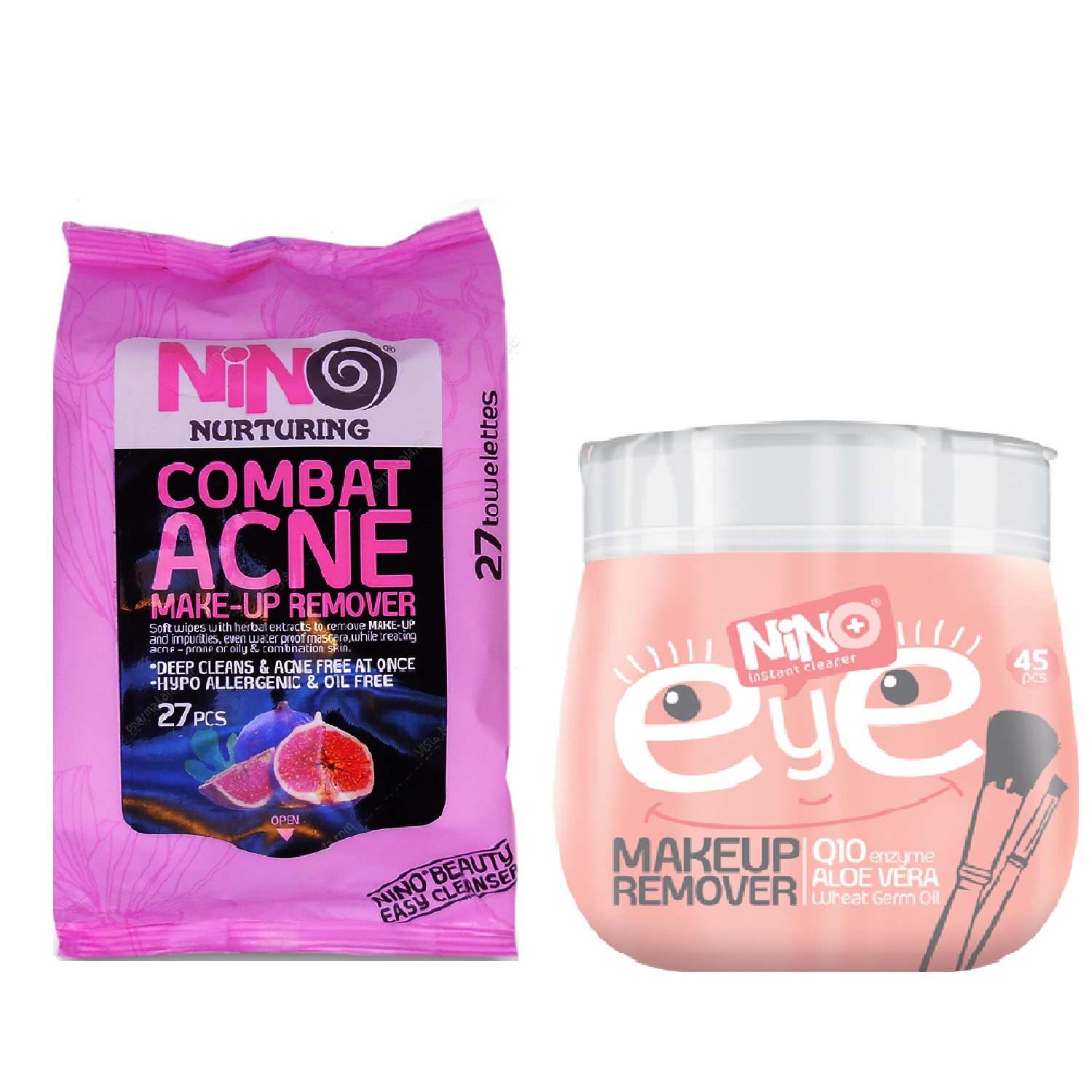 دستمال مرطوب پاک کننده آرایش نینو بسته 27 عددی به همراه دستمال مرطوب پاک کننده آرایش مدل eye بسته 45 عددی