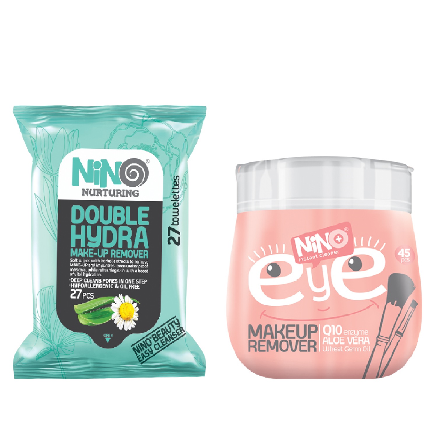 دستمال مرطوب پاک کننده آرایش نینو مدل double hydra بسته 27 عددی به همراه دستمال مرطوب پاک کننده آرایش نینو مدل eye بسته 45 عددی