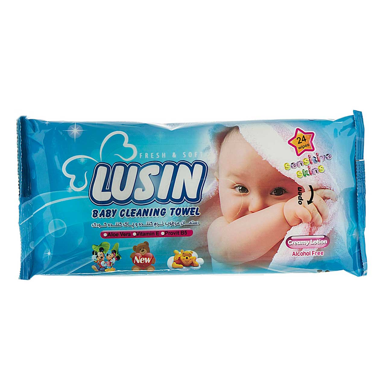 دستمال مرطوب کودک لوسین مدل sensitive بسته 24 عددی