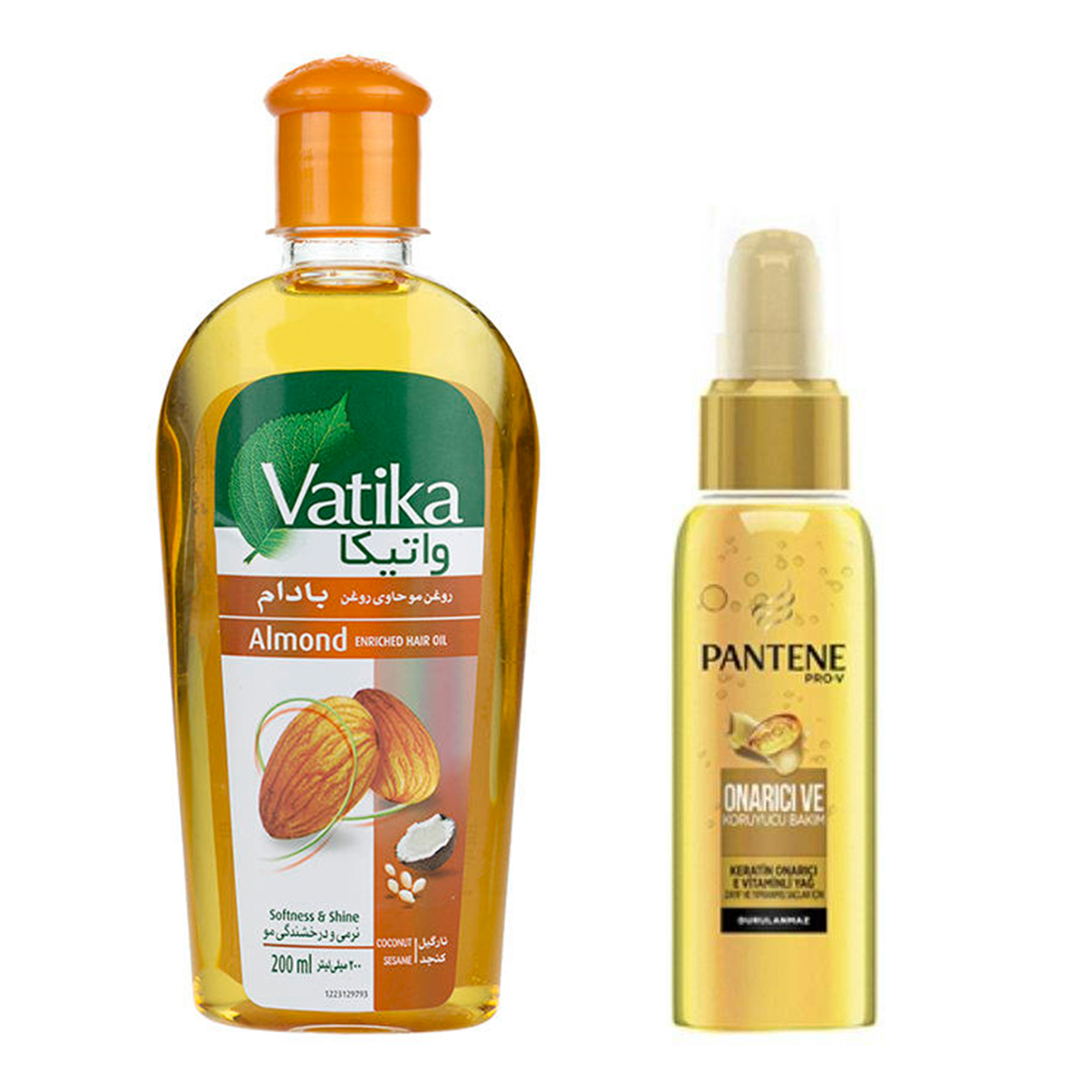سرم مو پنتن مدل pro v حجم 100 میلی لیتر به همراه روغن نرم و درخشان کننده مو واتیکا مدل almond حجم 200 میلی لیتر
