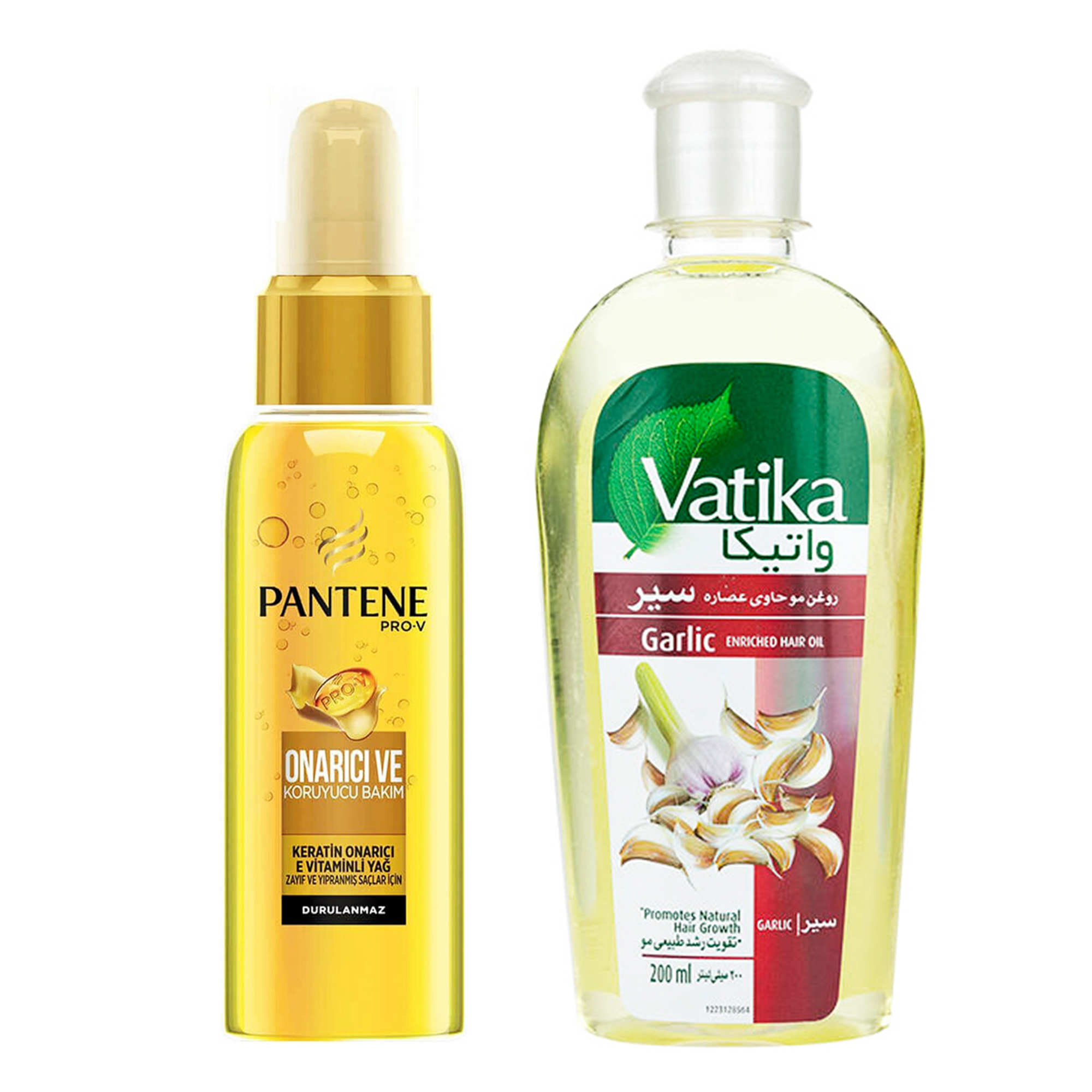 سرم مو پنتن مدل pro v حجم 100 میلی لیتر به همراه روغن نرم و درخشان کننده مو واتیکا مدل garlic حجم 200 میلی لیتر