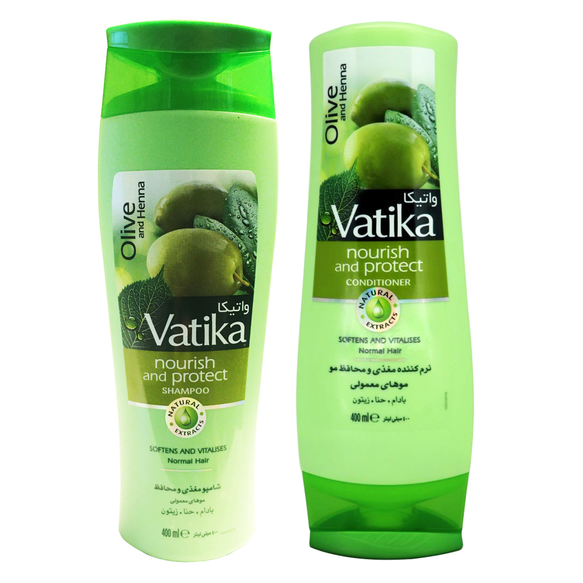 شامپو نرم کننده مو واتیکا مدل olive and henna حجم 400 میلی لیتر به همراه شامپو مغذی واتیکا مدل olive حجم 200 میلی لیتر