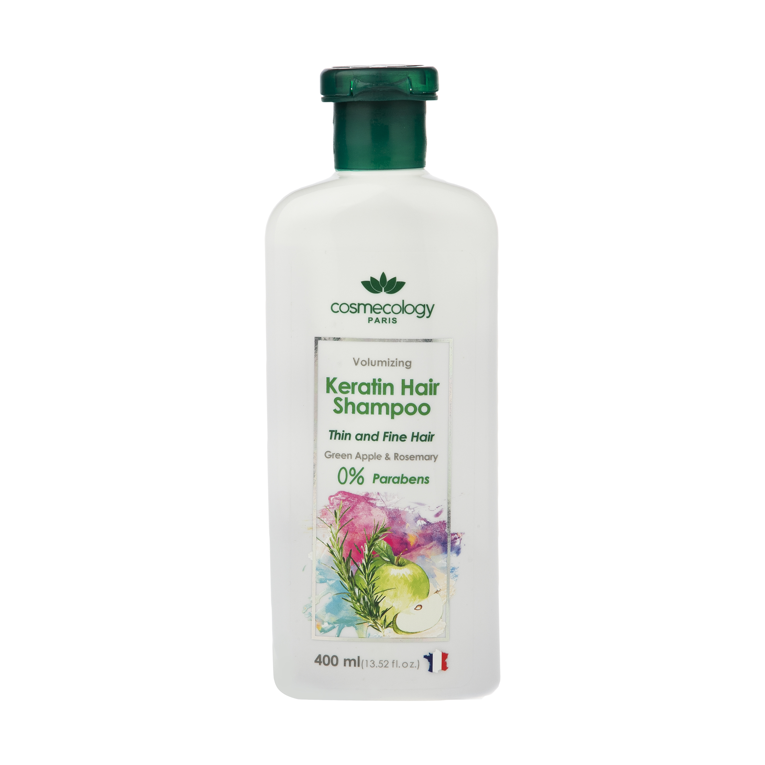 شامپو کراتینه حجم دهنده موی سر کاسمکولوژی مدل green apple حجم 400 میلی لیتر