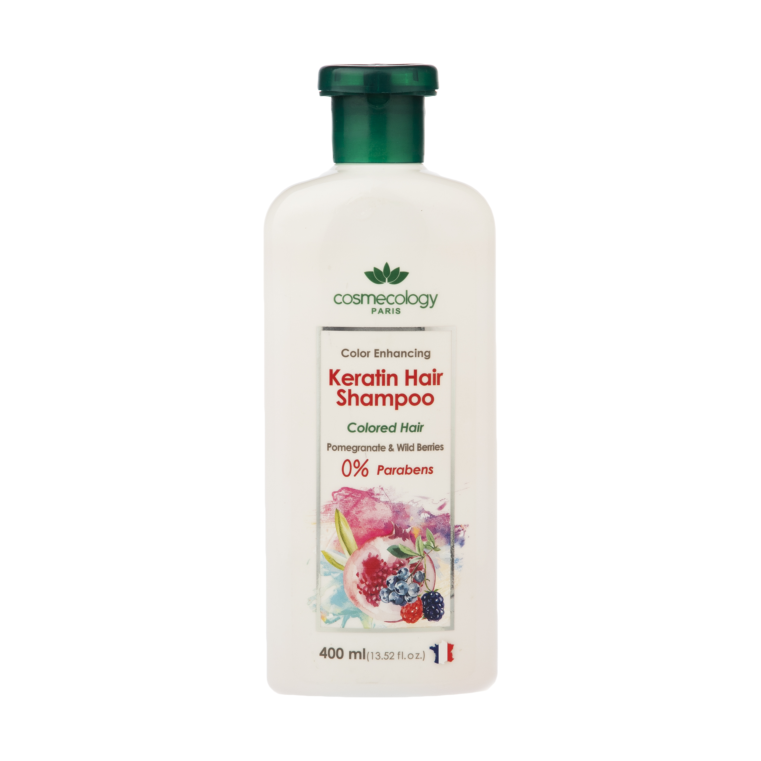 شامپو کراتینه موهای رنگ شده کاسمکولوژی مدل pomegranate حجم 400 میلی لیتر