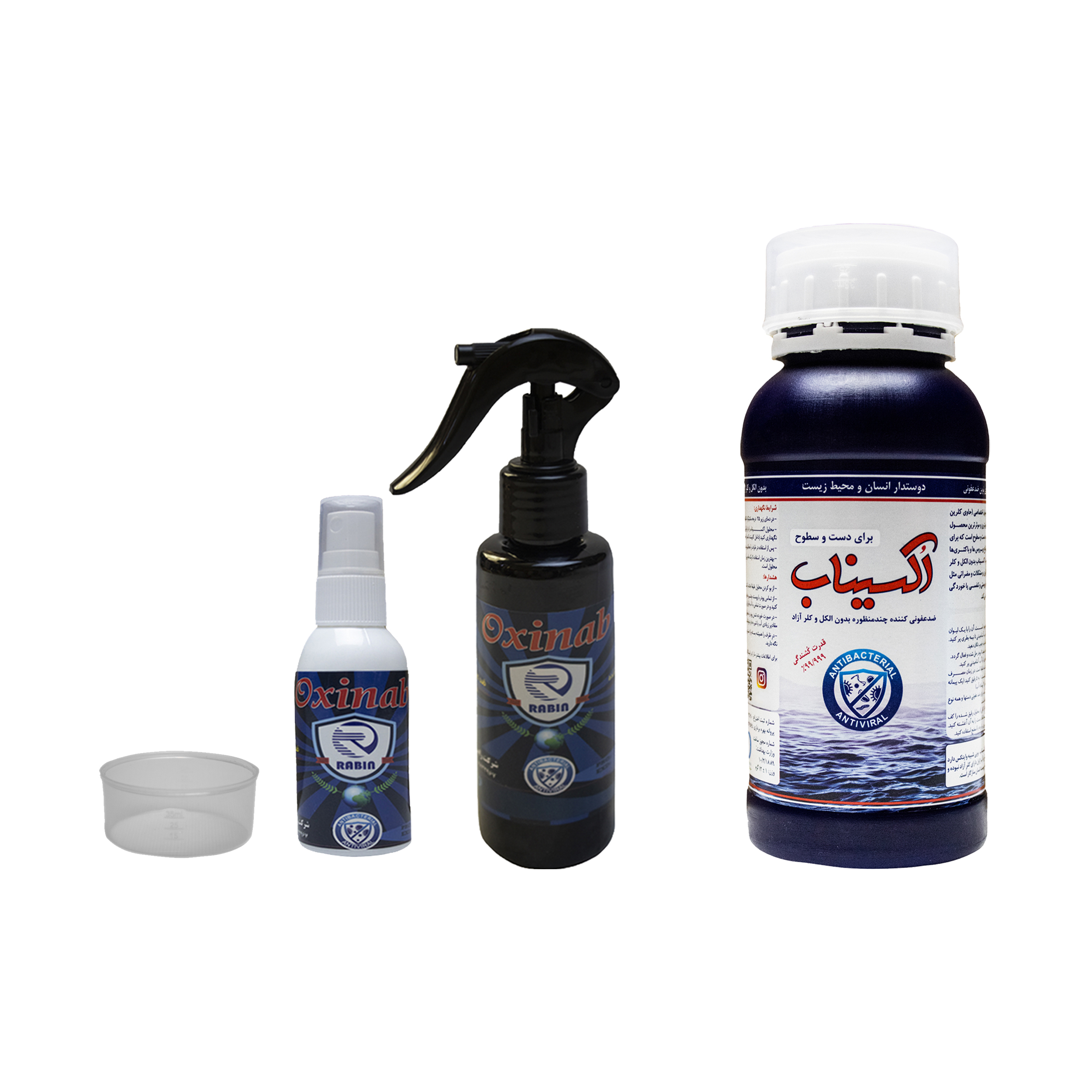 ضدعفونی کننده دست و سطوح اکسیناب کد ۰۲ وزن ۱۲ گرم به همراه آب‌پاش اکسیناب مجموعه 2 عددی