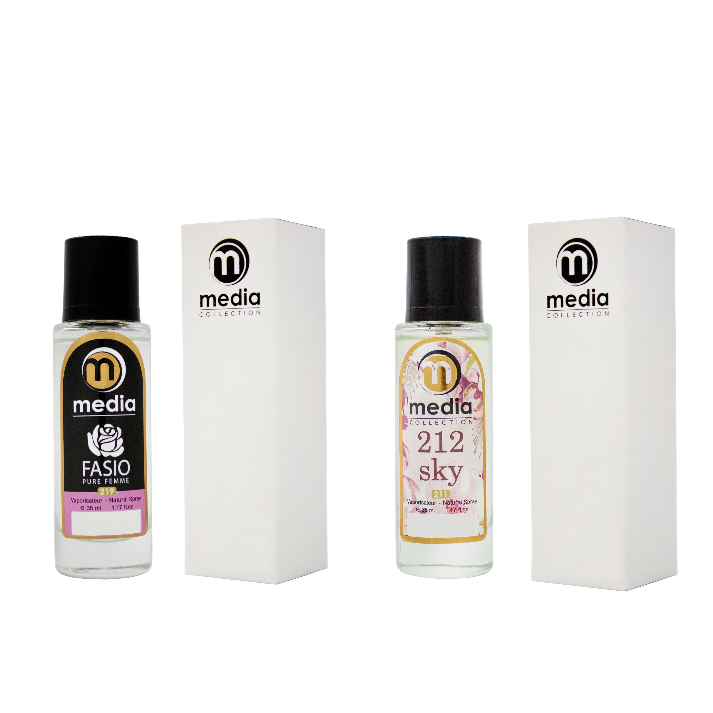 عطر جیبی زنانه مدیا مدل fasio حجم 35 میلی لیتر به همراه عطر جیبی زنانه مدیا مدل 212 sky حجم 35 میلی لیتر