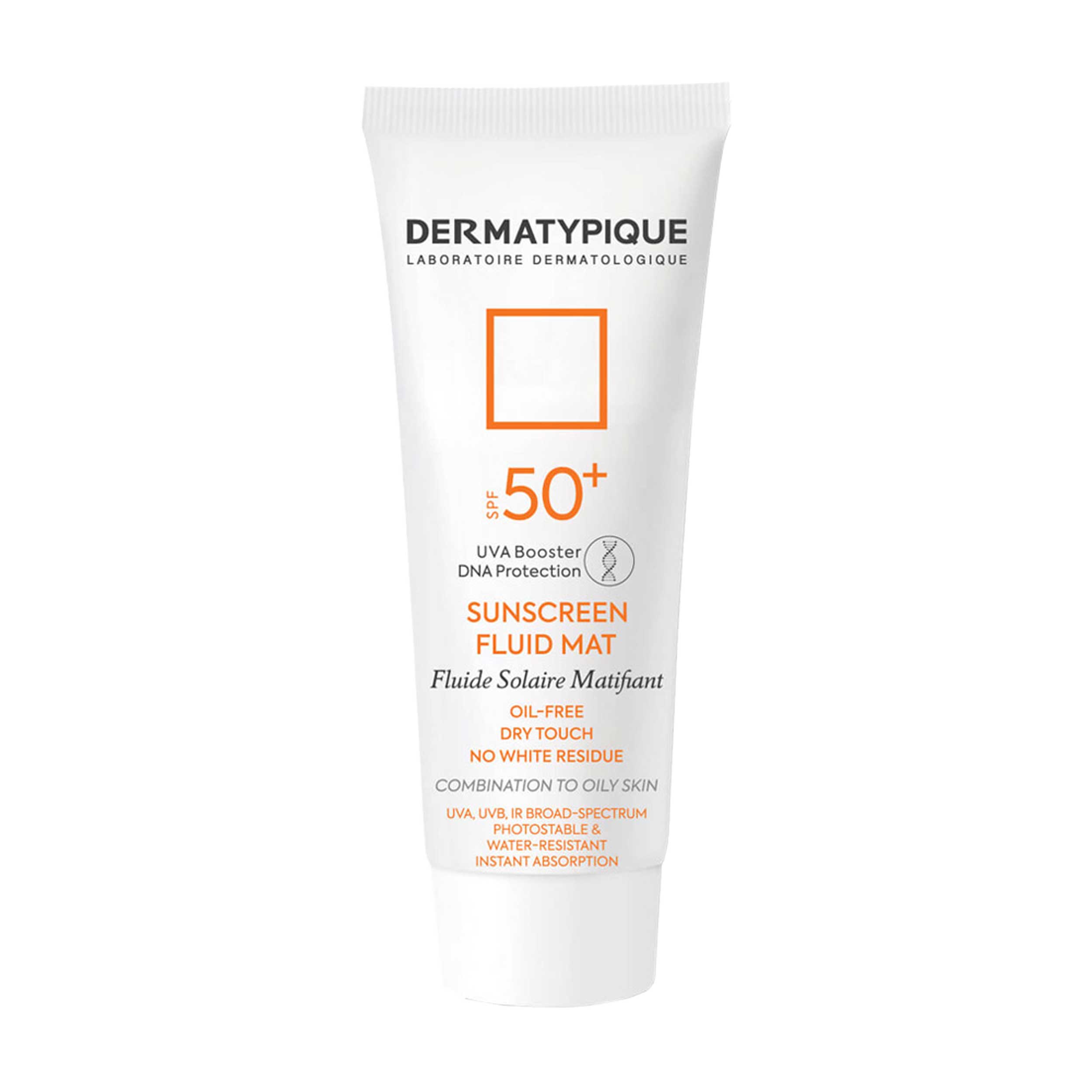 فلوئید ضد آفتاب بی رنگ درماتیپیک spf50 مدل fluid mat مناسب پوست های چرب و مختلط حجم 40 میلی لیتر