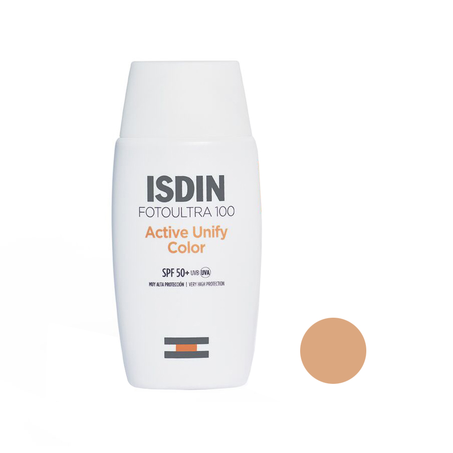 فلوئید ضد آفتاب رنگی ایزدین spf 50 مدل active unify ‌مناسب انواع پوست حجم 50 میلی‌لیتر