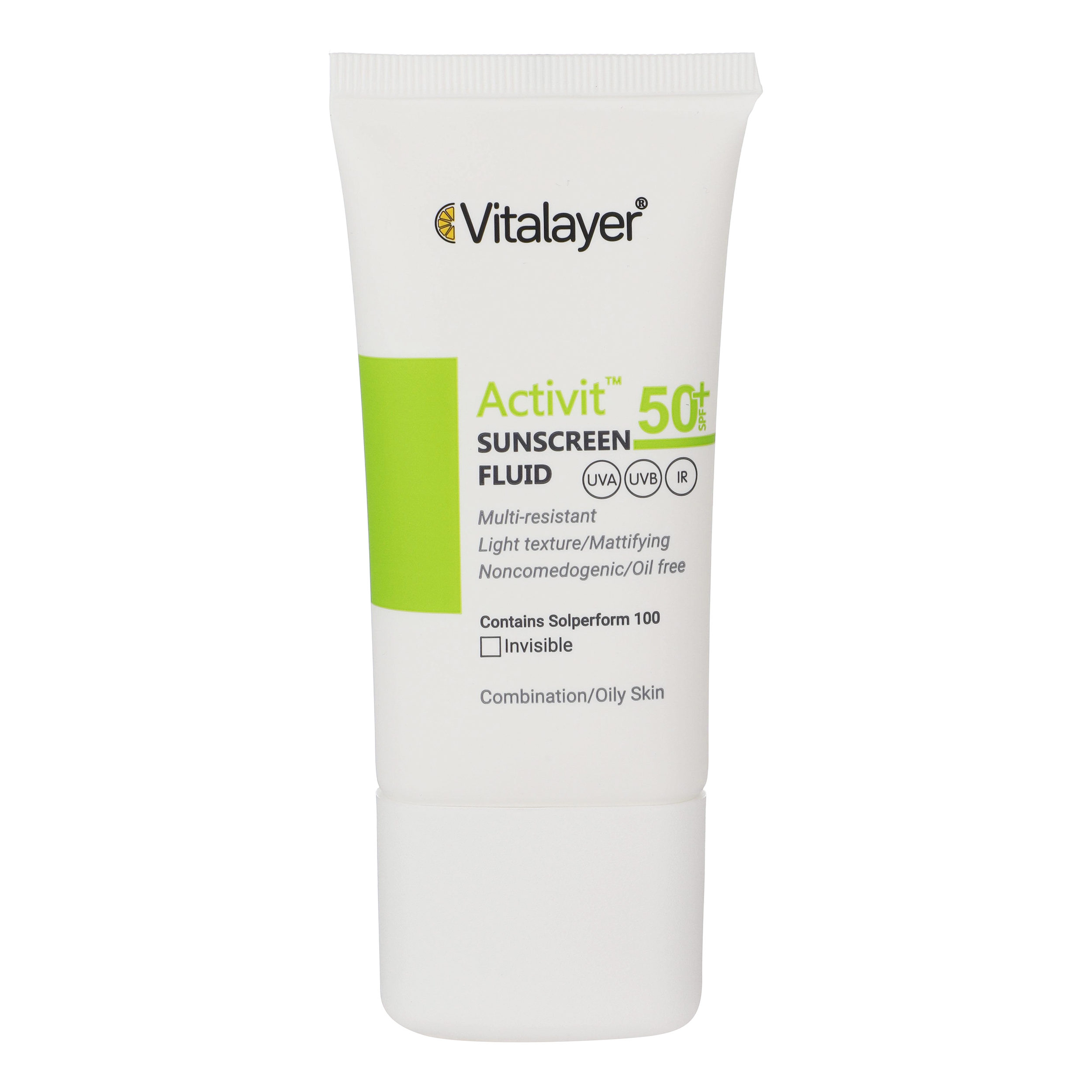 فلوئید ضدآفتاب بی رنگ ویتالیر spf 50 مدل activit مناسب پوست های مختلط و چرب حجم 50 میلی لیتر