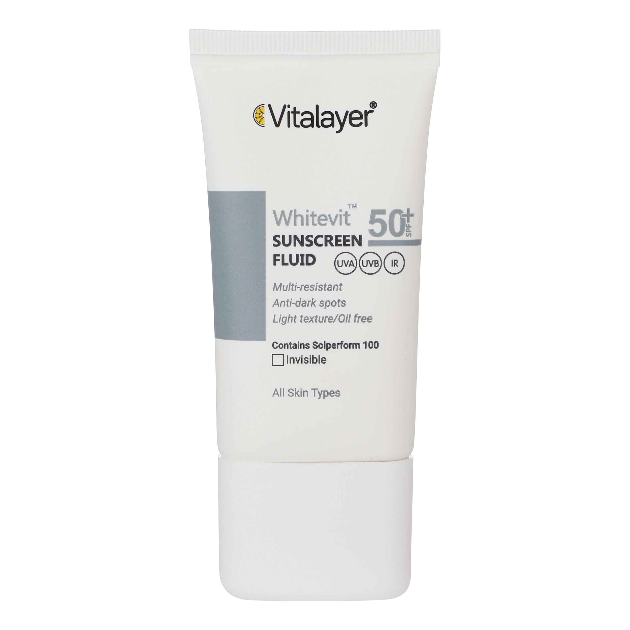 فلوئید ضدآفتاب بی رنگ ویتالیر spf 50 مدل whitevit مناسب انواع پوست حجم 50 میلی لیتر