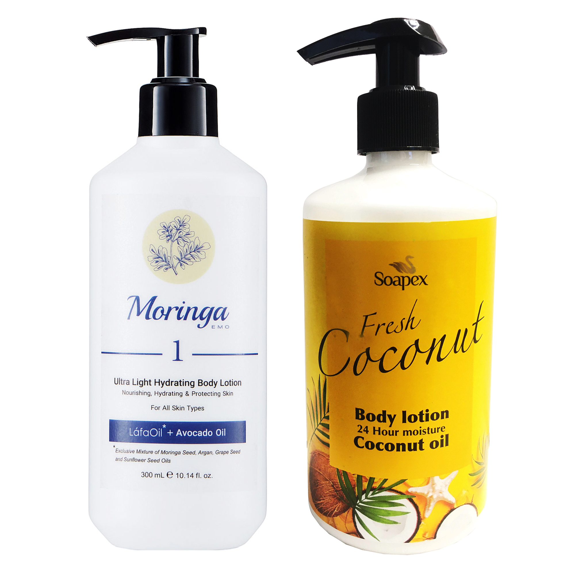 لوسیون بدن مورینگا امو مدل مغذی حجم 300 میلی لیتر به همراه لوسیون بدن سوپکس مدل coconut oil حجم 350 میلی لیتر