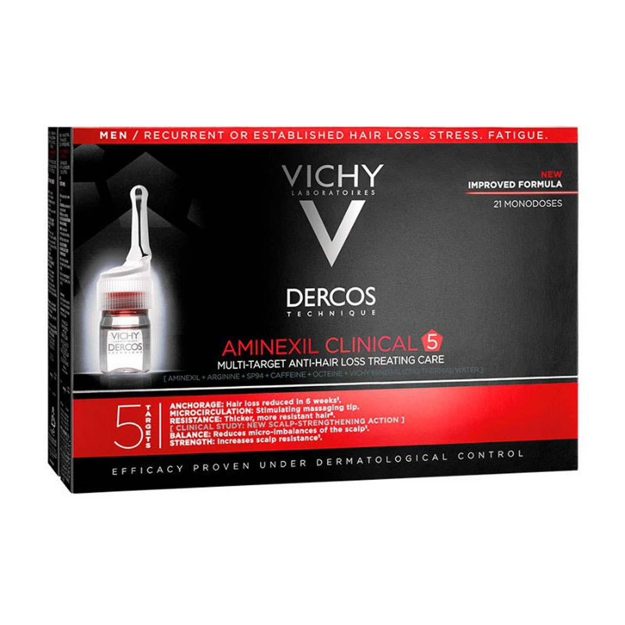محلول کنترل کننده ریزش مو مردانه ویشی سری dercos مدل aminexil clinical 5 حجم 6 میلی لیتر بسته 21 عددی