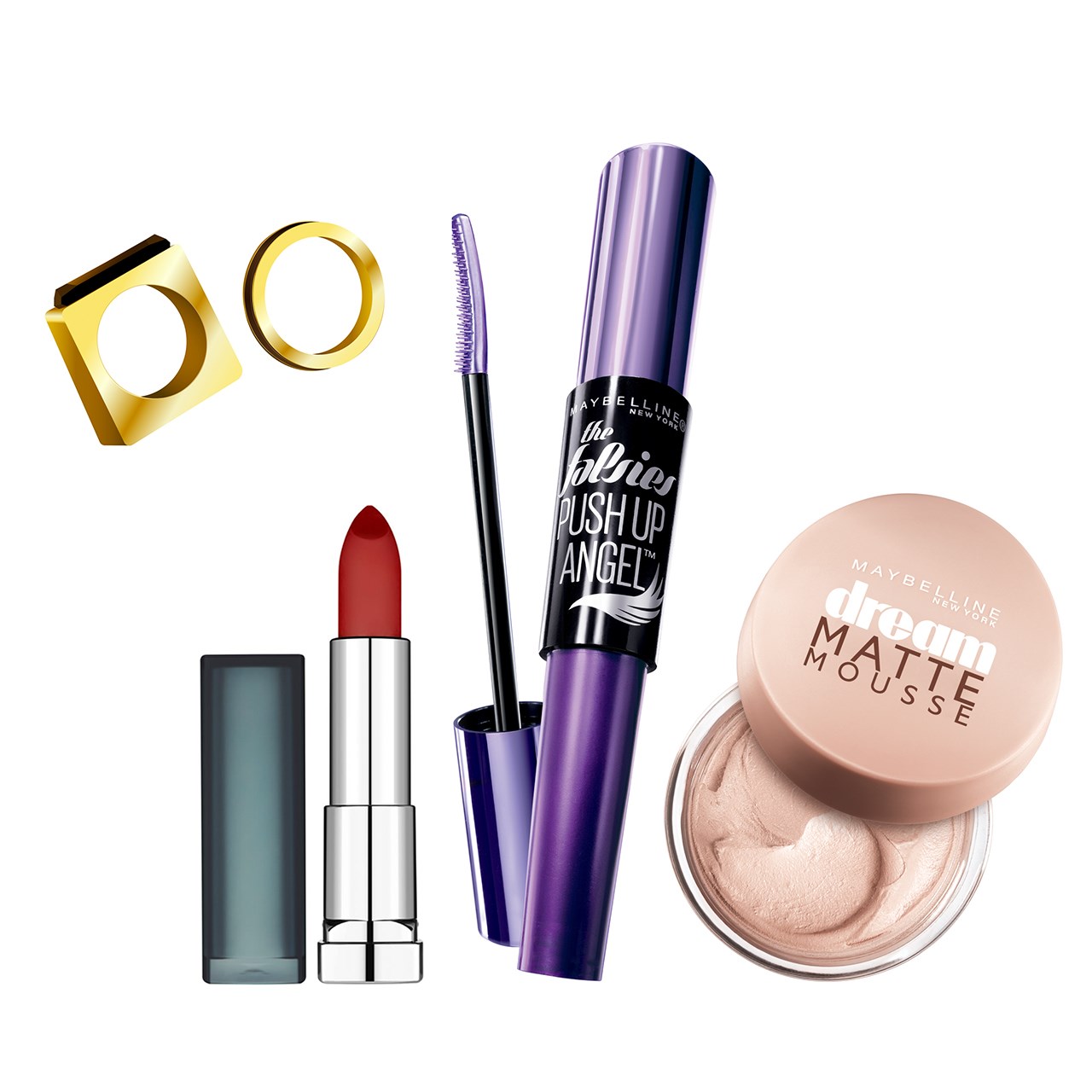 موس میبلین مدل dream matte 21 به همراه ریمل مدل push up angel و رژ لب مدل sensational matte 975
