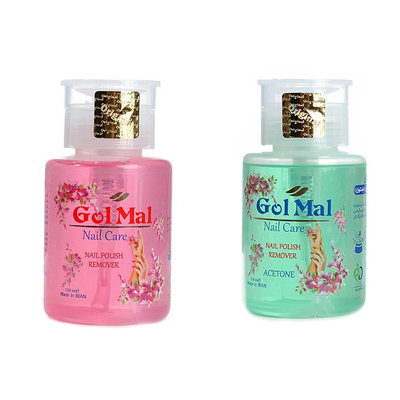 پک 2 عددی لاک پاک کن گل مل مدل پمپی nail care به همراه لاک پاک کن پمپی حاوی استون با رایحه خوش گل مل حجم 2 عدد 300 میلی لیتر
