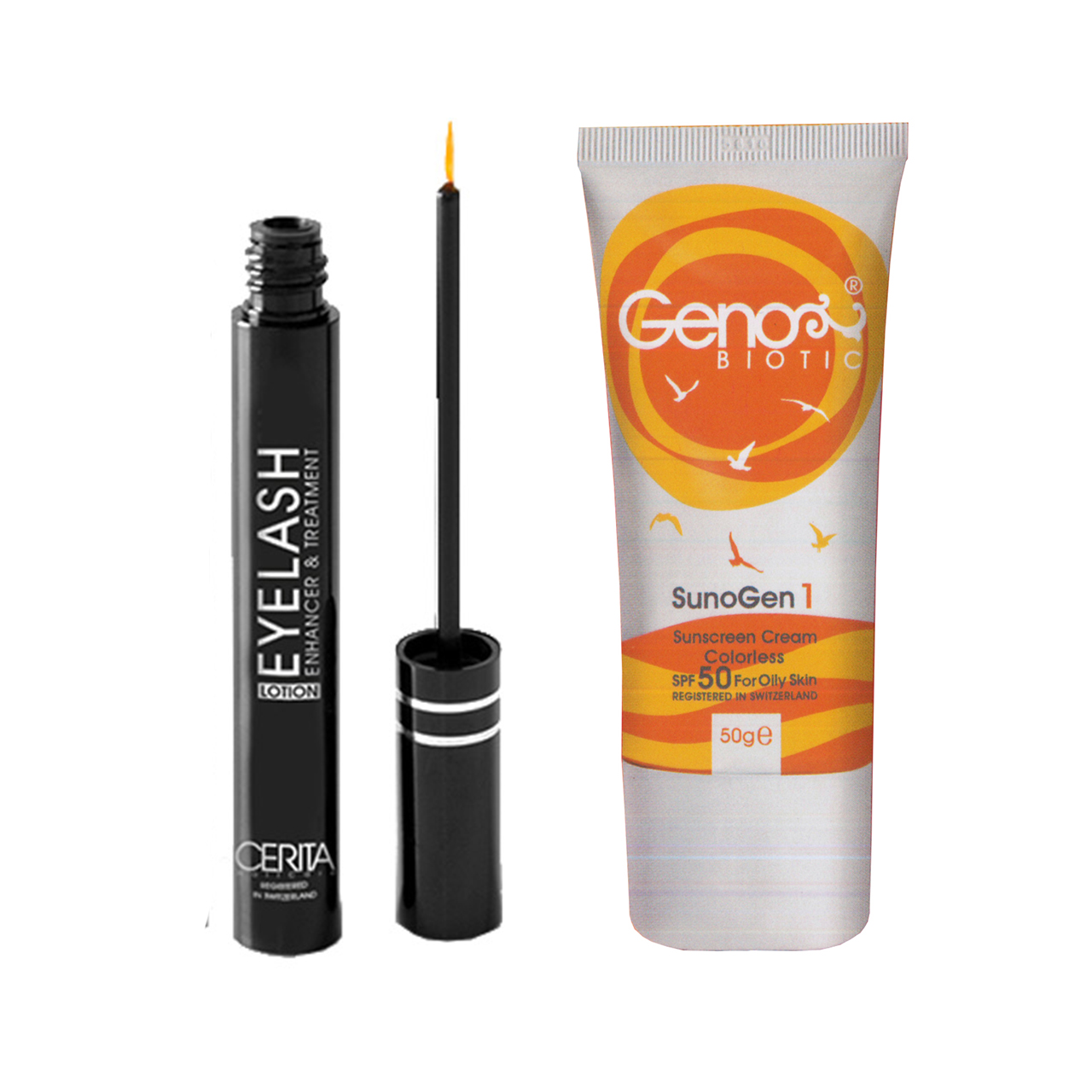 پک کرم ضد آفتاب بی رنگ ژنوبایوتیک spf50 به همراه محلول تقویت مژه سریتا مدل sun1